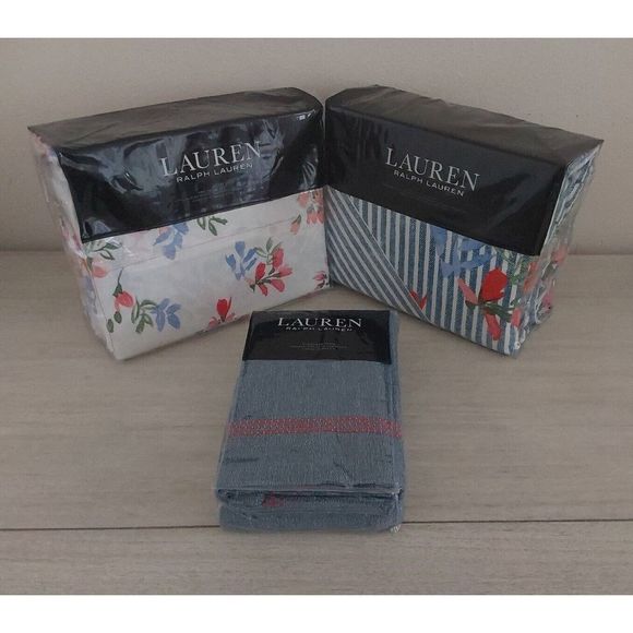 Ralph Lauren MAGGIE FLORAL Blue King Duvet Cover Sheet Set Euro Sham Bedding Set - Picture 1 of 16